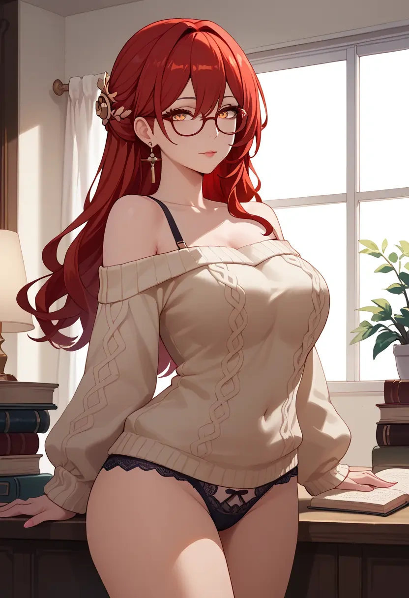 star rail,himeko,off-shoulder,panties,glasses,sweater  - 