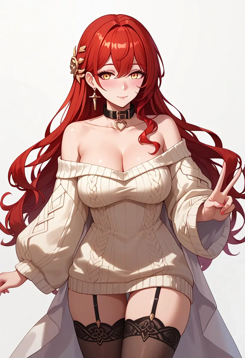 star rail,himeko,blushing,collar,off-shoulder,sweater,stockings  - 