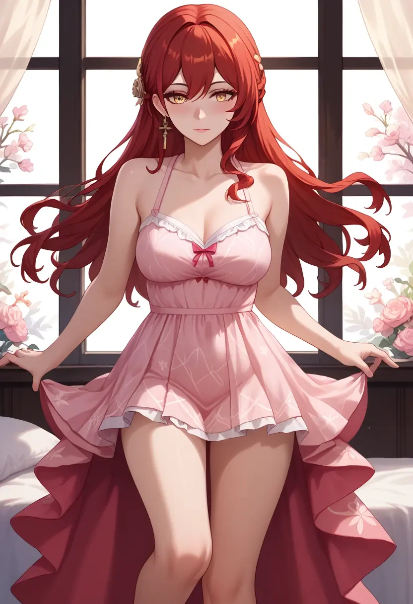 star rail,himeko,A-line skirt,pink silk chemise  - 