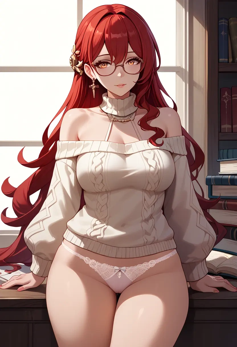 star rail,himeko,off-shoulder,panties,glasses,sweater  - 