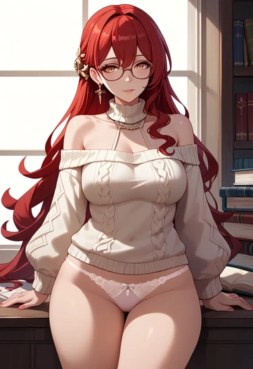 star rail,himeko,off-shoulder,panties,glasses,sweater  - AI generated anime art