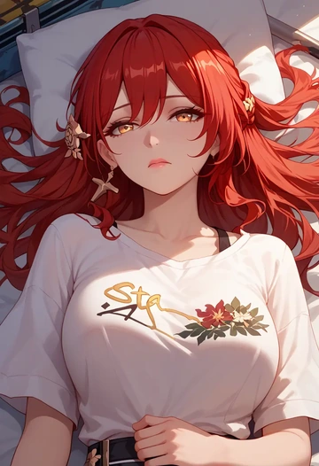 star rail,himeko,oversized graffiti shirt,dolphin shorts  - AI generated anime art