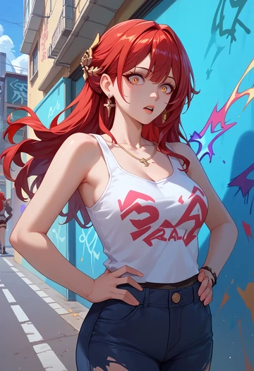 star rail,himeko,abstract graffiti tank,dolphin shorts  - AI generated anime art