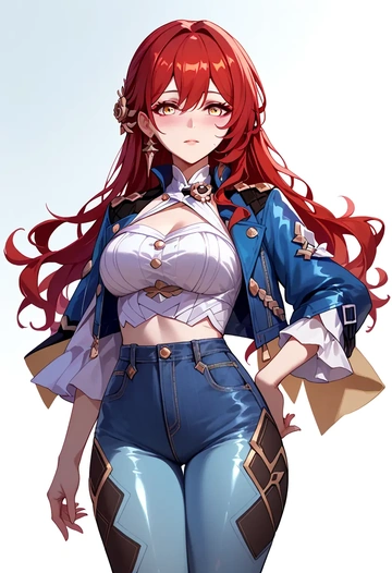 star rail,himeko,denim jacket,cropped,leather leggings  - AI generated anime art