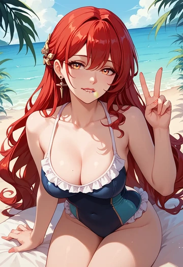 star rail,himeko,retro style swimsuit,frilled neckline,bow detail  - AI generated anime art