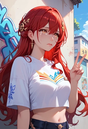 star rail,himeko,cropped graffiti sweatshirt,dolphin shorts  - AI generated anime art