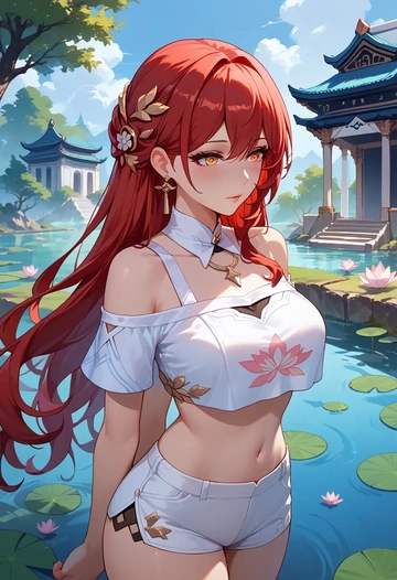 star rail,himeko,off-shoulder top,dolphin shorts  - AI generated anime art