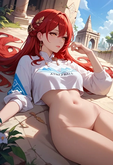 star rail,himeko,cropped graffiti sweatshirt,dolphin shorts  - AI generated anime art