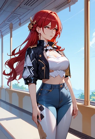 star rail,himeko,denim jacket,cropped,leather leggings  - AI generated anime art