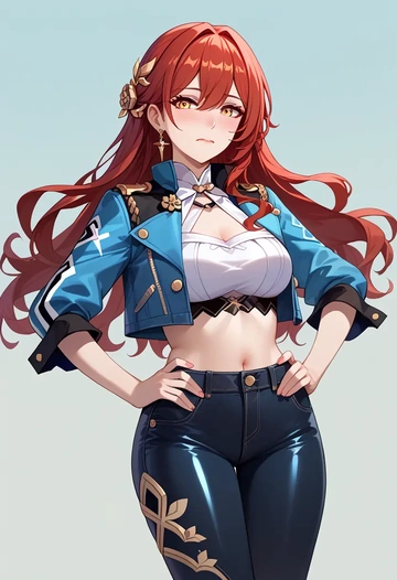 star rail,himeko,denim jacket,cropped,leather leggings  - AI generated anime art