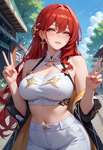 star rail,himeko,crop top,athletic shorts  - AI generated anime art