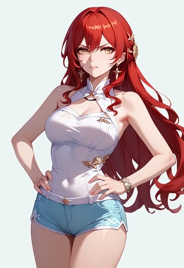 star rail,himeko,sleeveless swim top,shorts-style bottom,contrast stitching  - AI generated anime art