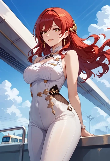 star rail,himeko,jumpsuit,sleeveless,flare pants  - AI generated anime art