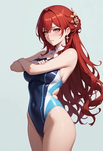 star rail,himeko,racerback swimsuit,striped trim,name tag patch  - AI generated anime art