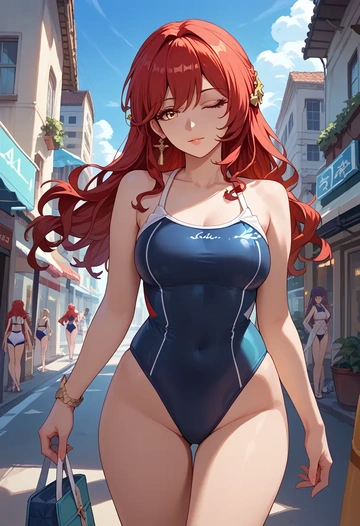 star rail,himeko,retro style swimsuit,frilled neckline,bow detail  - AI generated anime art