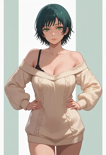 chainsaw_man,himeno_(chainsaw_man),Hands on hips,off-shoulder,sweater  - AI generated anime art