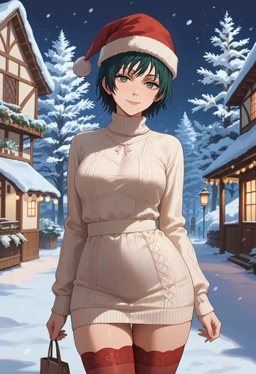 chainsaw_man,himeno_(chainsaw_man),Christmas,sweater dress,stockings  - AI generated anime art