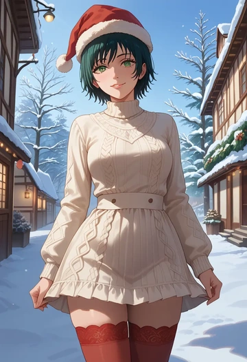 chainsaw_man,himeno_(chainsaw_man),Christmas,sweater dress,stockings  - AI generated anime art