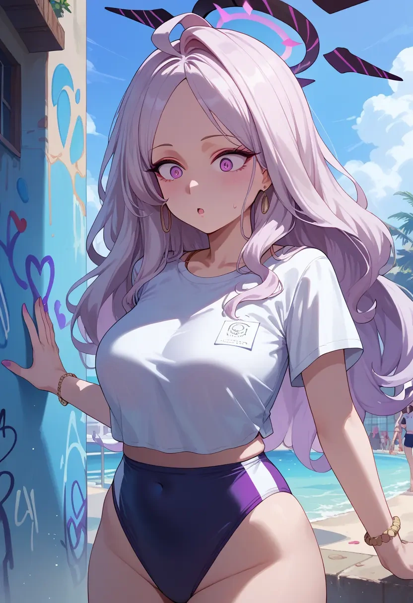 blue_archive,hina_(swimsuit)_(blue_archive),crop graffiti tee,dolphin shorts  - 