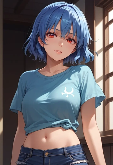 touhou,hinanawi_tenshi,denim shorts  - AI generated anime art