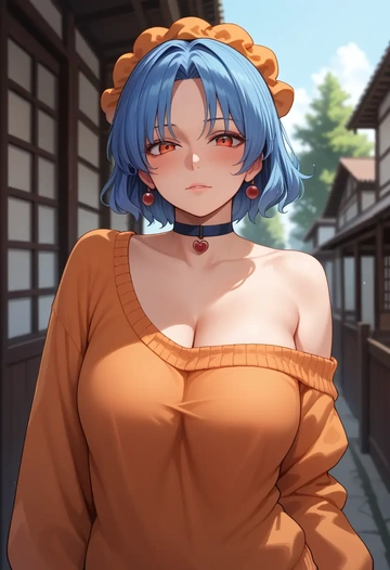 touhou,hinanawi_tenshi,orange,sweater,choker  - AI generated anime art