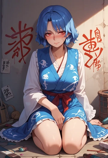 touhou,hinanawi_tenshi,patchwork graffiti top,dolphin shorts  - AI generated anime art