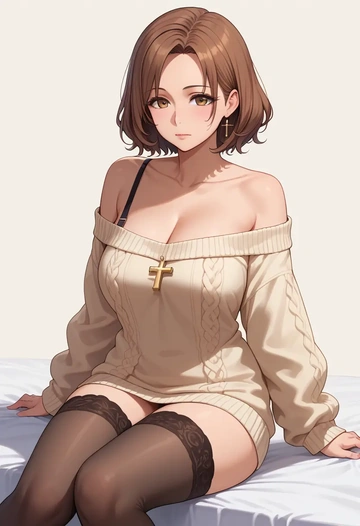 k-on!,hirasawa_ui,cross-legged,off-shoulder,sweater,stockings  - AI generated anime art