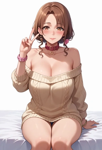 k-on!,hirasawa_ui,blushing,collar,peace sign,off-shoulder,sweater  - AI generated anime art