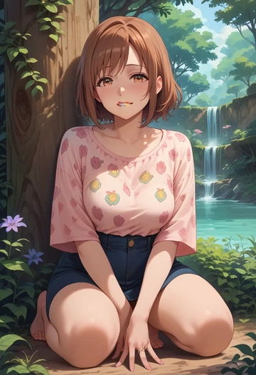 k-on!,hirasawa_yui,silk graffiti shirt,dolphin shorts  - AI generated anime art