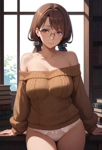 kantai_collection,hiryuu_(kancolle),off-shoulder,panties,glasses,sweater  - AI generated anime art