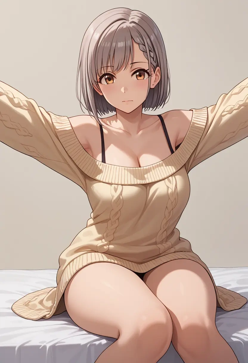 idolmaster,hisakawa_nagi,cross-legged,off-shoulder,sweater,stockings  - 