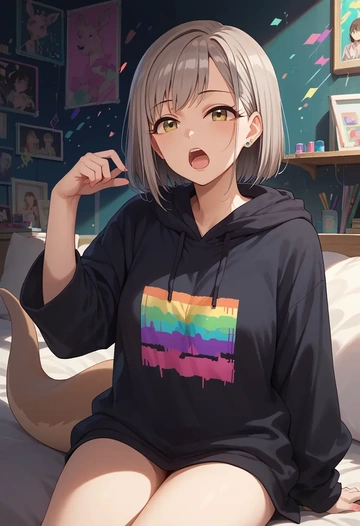 idolmaster,hisakawa_nagi,oversized graphic hoodie,thigh-high socks,shorts  - AI generated anime art