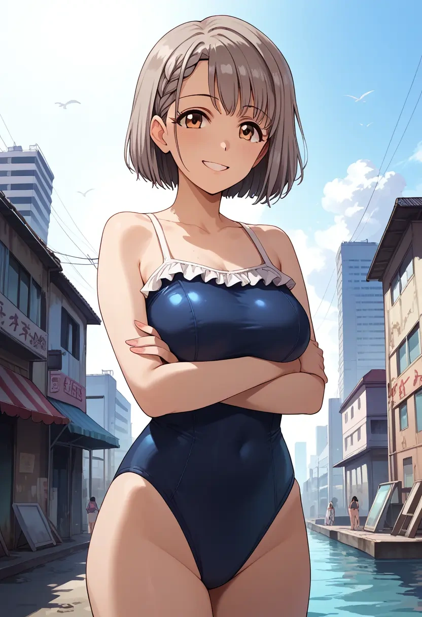 idolmaster,hisakawa_nagi,retro style swimsuit,frilled neckline,bow detail  - 