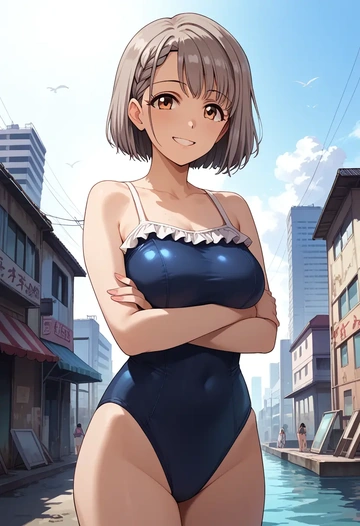 idolmaster,hisakawa_nagi,retro style swimsuit,frilled neckline,bow detail  - AI generated anime art