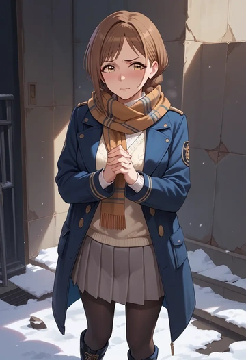 idolmaster,hojo_karen,winter,student uniform,puffer coat  - AI generated anime art