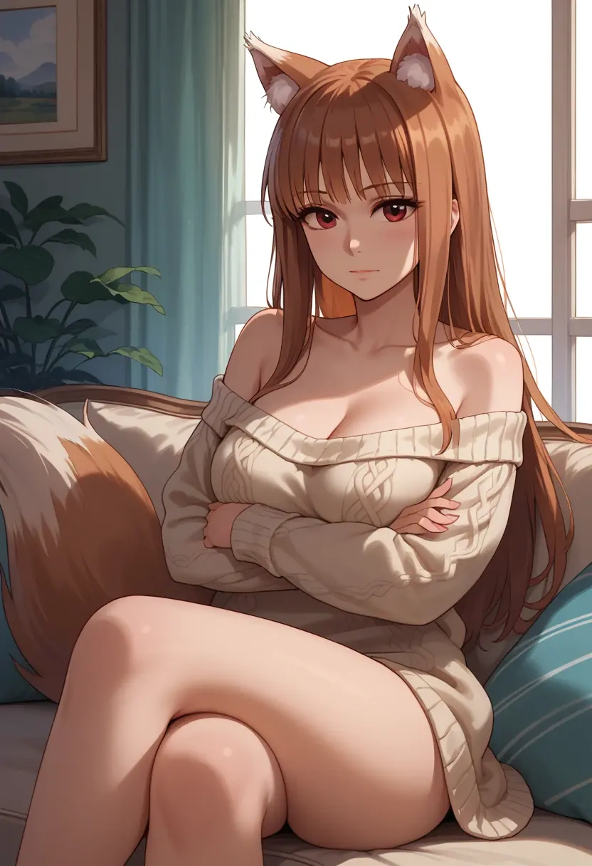 spice_and_wolf,holo,arms crossed,off-shoulder,sweater,cross-legged  - 