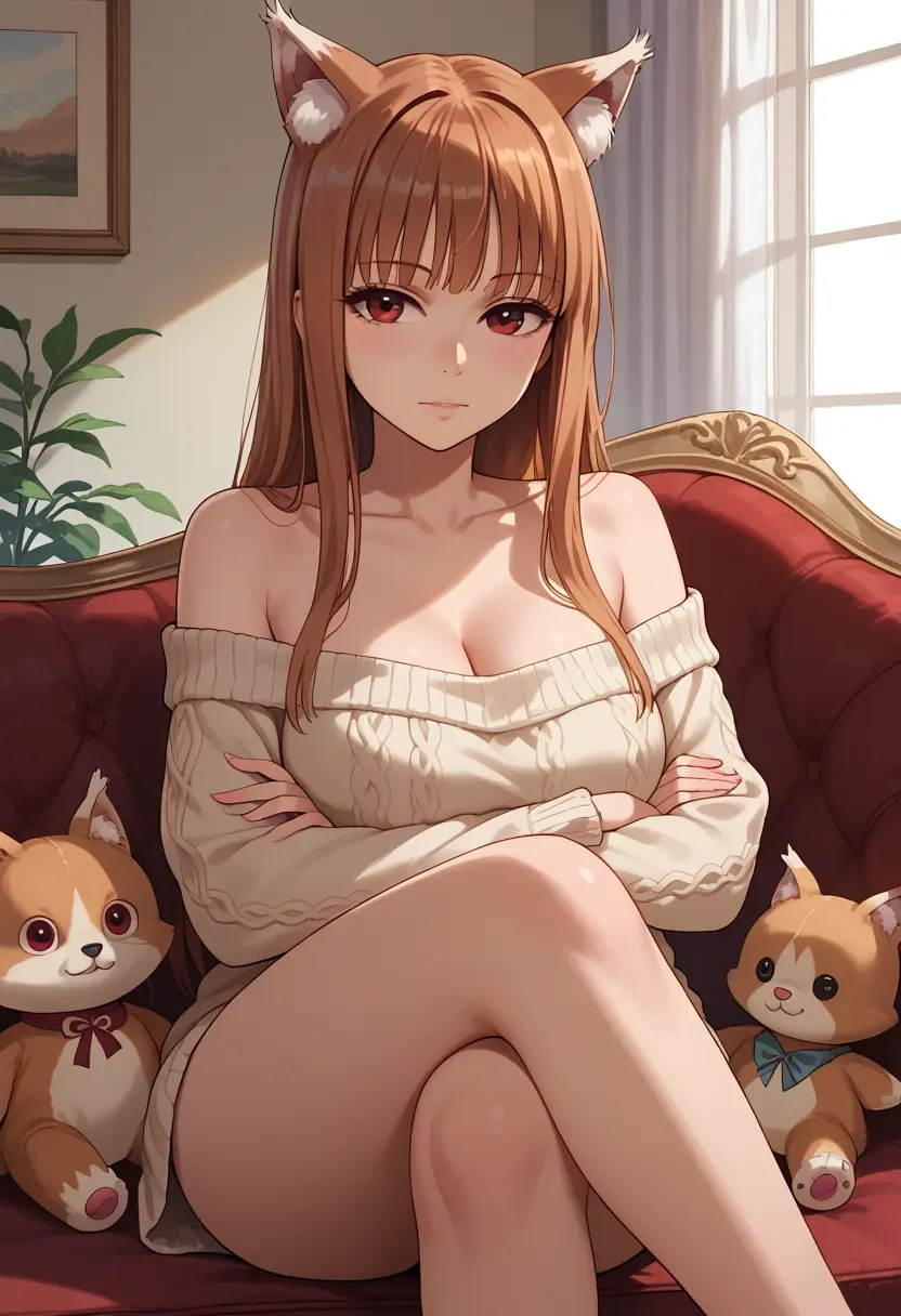 spice_and_wolf,holo,arms crossed,off-shoulder,sweater,cross-legged  - 