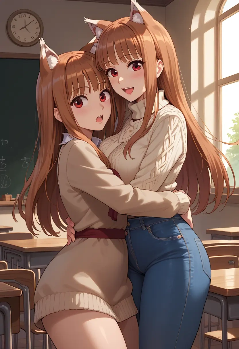 spice_and_wolf,holo,teacher, sweater, jeans shorts  - 