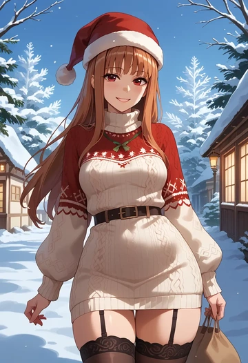 spice_and_wolf,holo,sweater,stockings,Thigh garters  - AI generated anime art