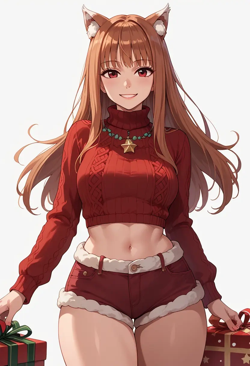 spice_and_wolf,holo,Christmas,red velvet shorts,turtleneck sweater  - 