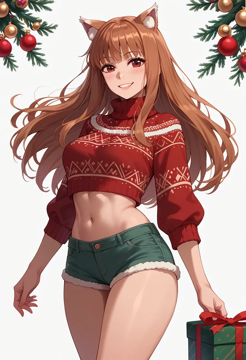 spice_and_wolf,holo,Christmas,red velvet shorts,turtleneck sweater  - 