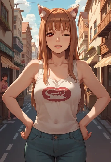 spice_and_wolf,holo,tank top,drawstring pants  - AI generated anime art