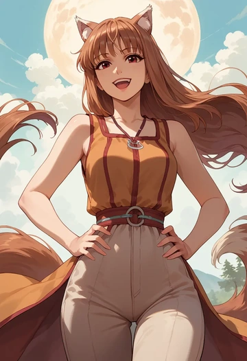 spice_and_wolf,holo,jumpsuit,sleeveless,flare pants  - AI generated anime art