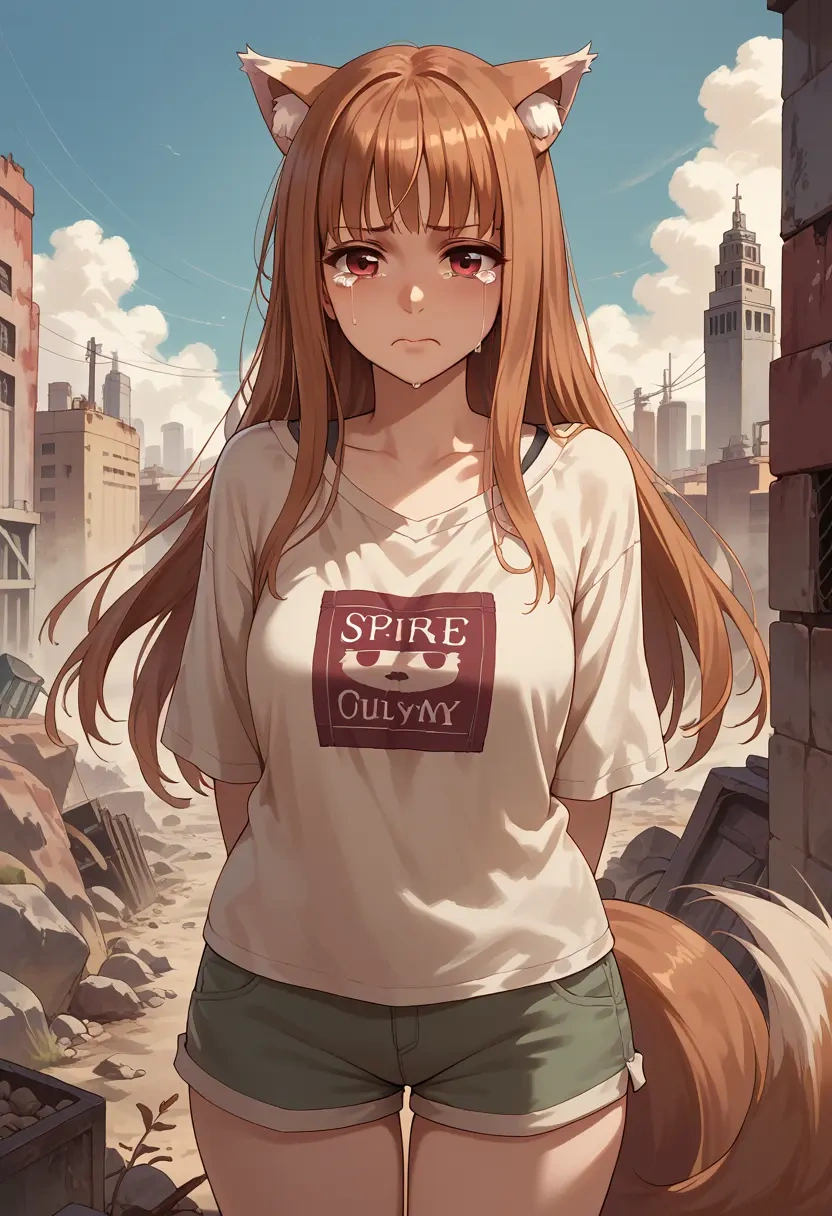 spice_and_wolf,holo,graphic tee,shorts,sneakers  - 