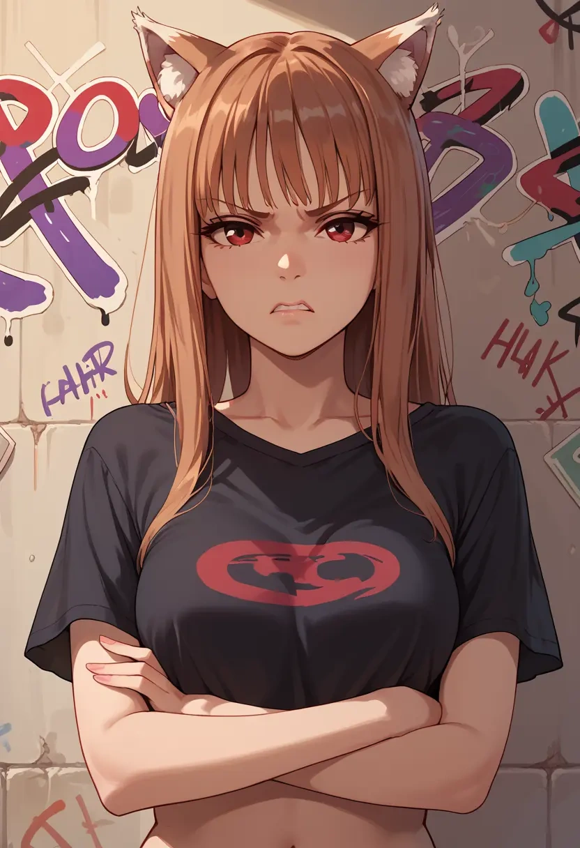 spice_and_wolf,holo,crop graffiti tee,dolphin shorts  - 