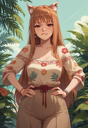 spice_and_wolf,holo,paint-splatter blouse,dolphin shorts  - AI generated anime art