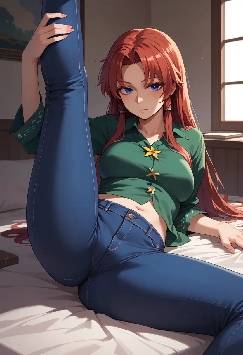 touhou,hong_meiling,jeans shorts,spread legs,one leg up,sexy  - 