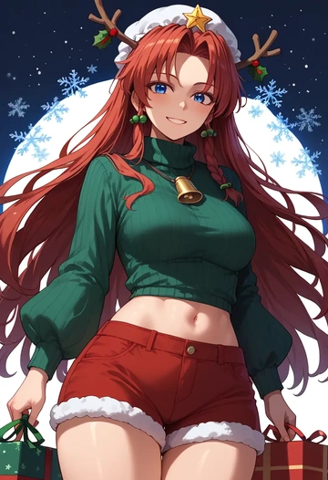 touhou,hong_meiling,Christmas,red velvet shorts,turtleneck sweater  - AI generated anime art