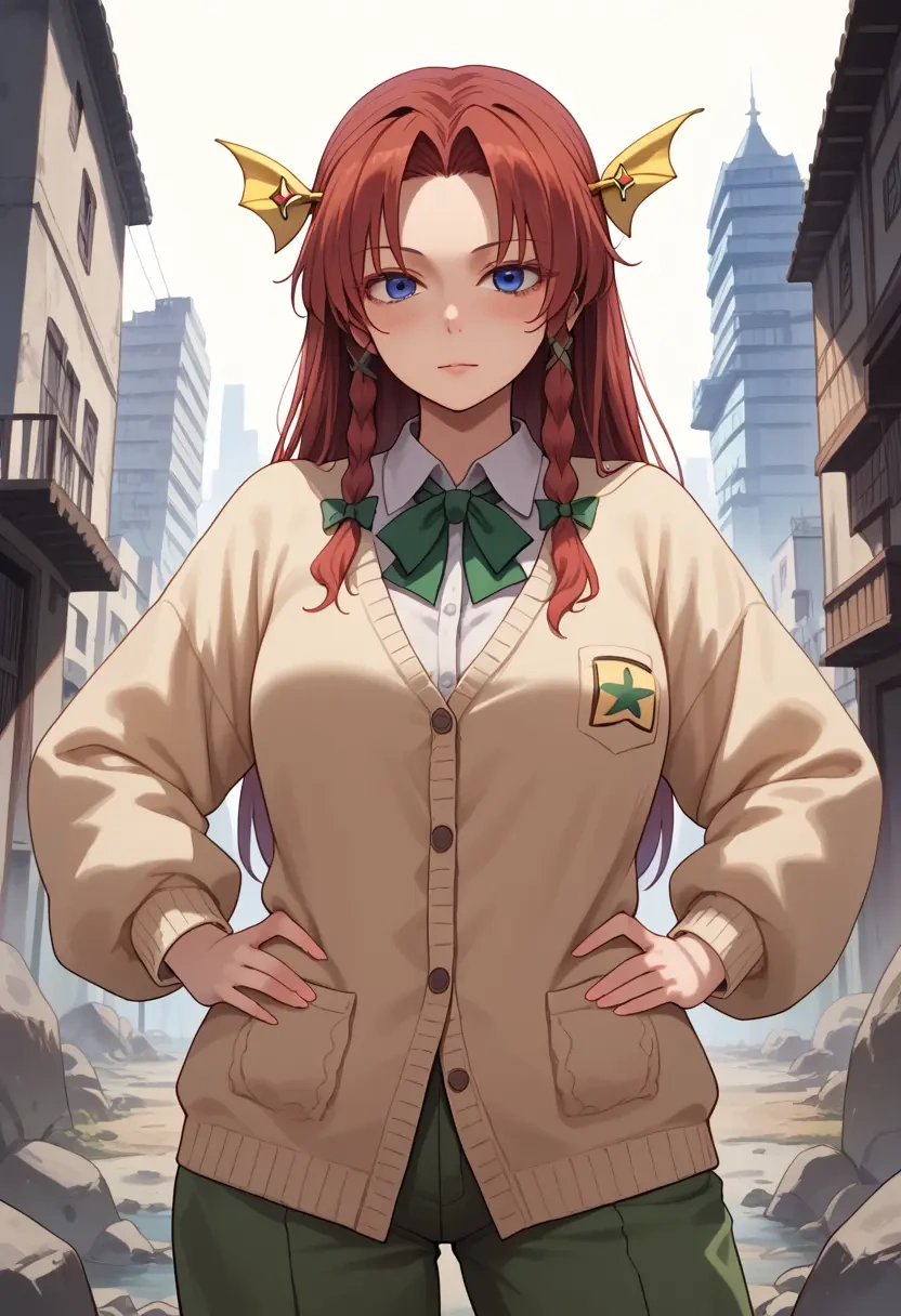 touhou,hong_meiling,cardigan,oversized,wide-leg pants  - 