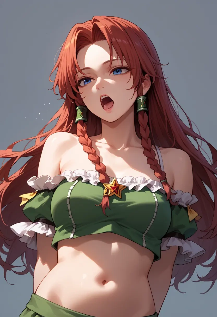 touhou,hong_meiling,off-shoulder top,dolphin shorts  - 